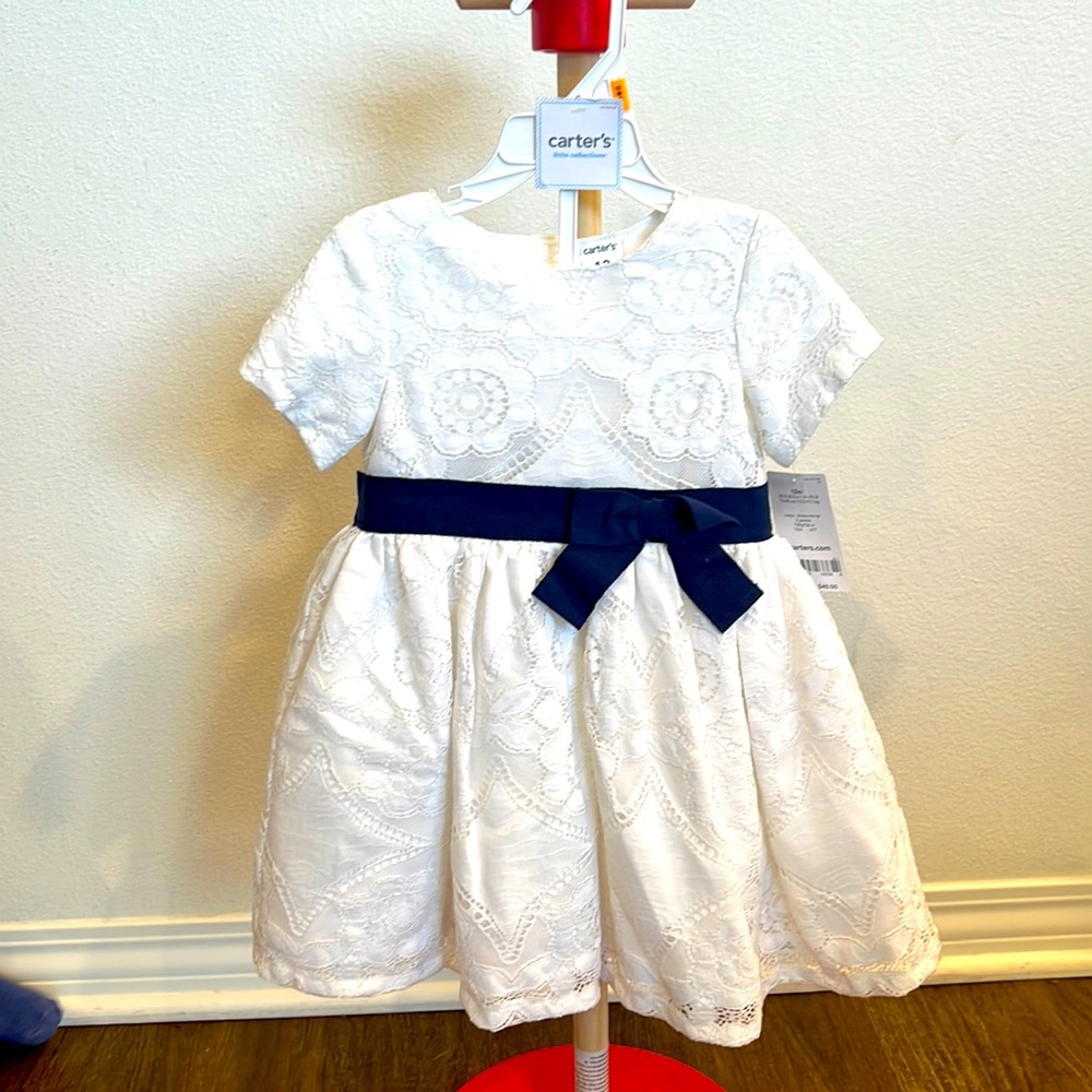 Toddler dress white with navy blue bow
